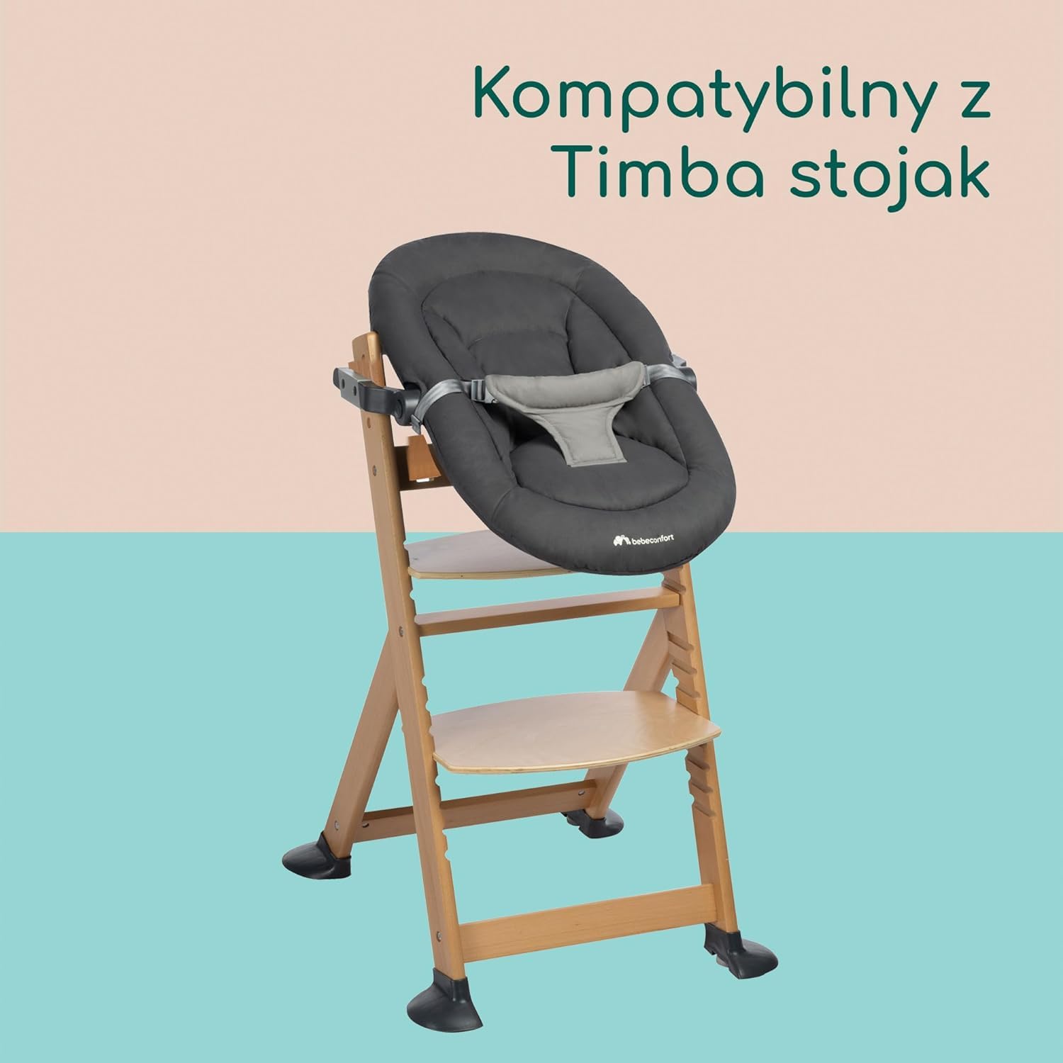 Bebeconfort Timba Baby, Bujaczek 2-w-1, 0–6 mies., 0–9 kg, Zestaw dla noworodków do wysokiego krzesełka Timba Baby, 2 odchylane pozycje, Bardzo miękkie siedzisko, 3-punktowa uprząż, Tinted Graphite
