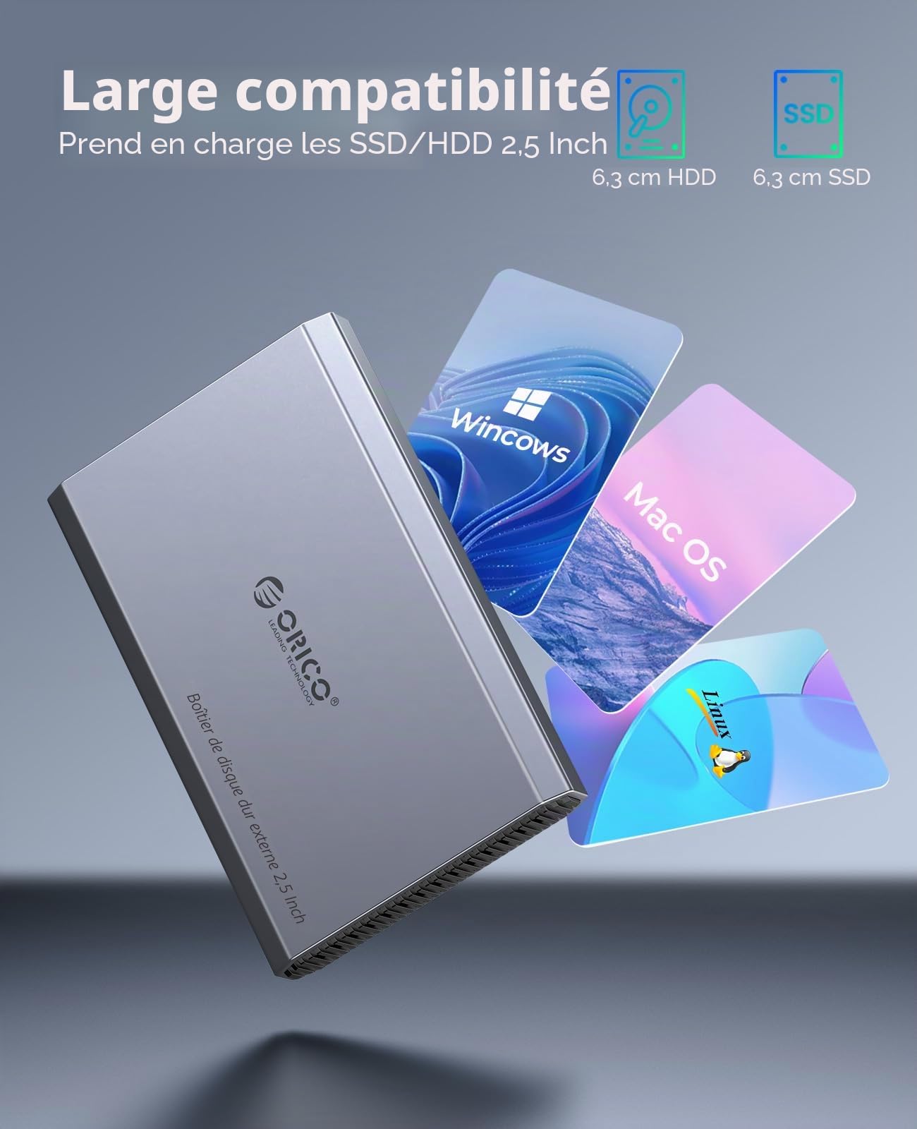 ORICO Aluminium Festplattengehäuse 2,5 Zoll USB 3.0, 5 Gbit/s Externes HDD Gehäuse für 2,5" SATA HDD SSD Maximal 6 TB mit USB Kabel, Unterstützt UASP (DD25U3)