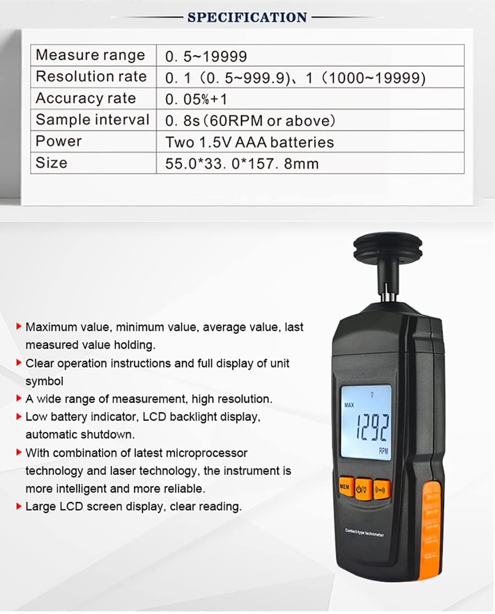 Auto Tachometer Handheld Digital Electronic Mini Laser Tachometer Portabel Handheld Digital Tachometer 2.5-99999rpm with LCD Display