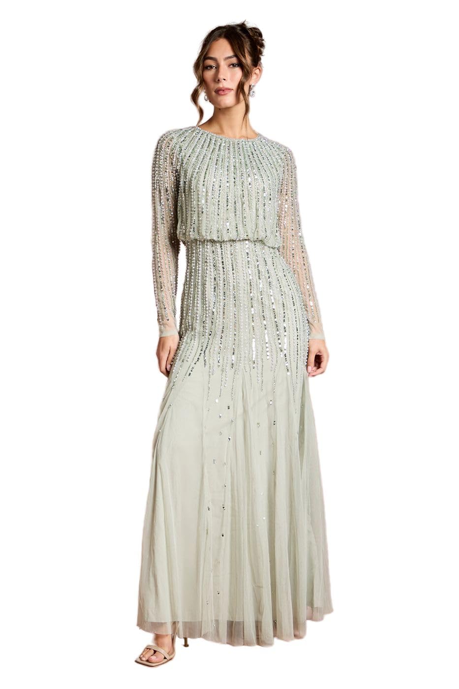 Coast Women's Sage Linear Sequin Embellished Long Sleeve Maxi Dress In | : Size 8