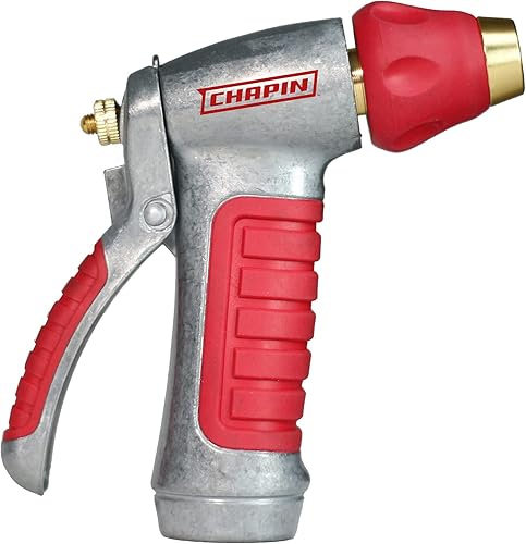 Chapin 4600 - Boquilla de pulverización profesional de servicio pesado de acero galvanizado de 7 vías con agarre de goma ergonómico, plateado/rojo
