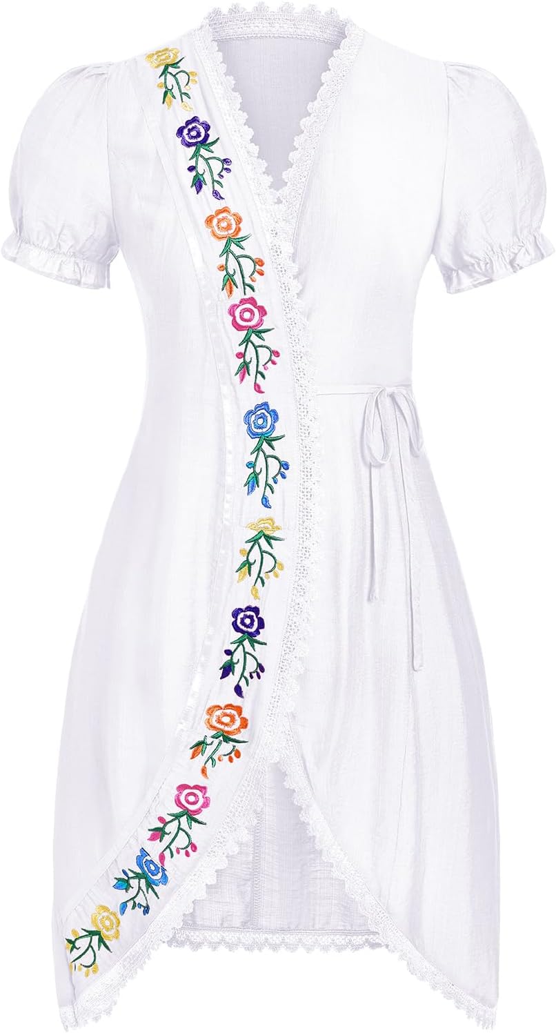 ABEHIK Mexican Embroidered Dress for Women Traditional Short Sleeve V Neck Tie Side Fiesta Wrap Dresses Cinco de Mayo Outfit