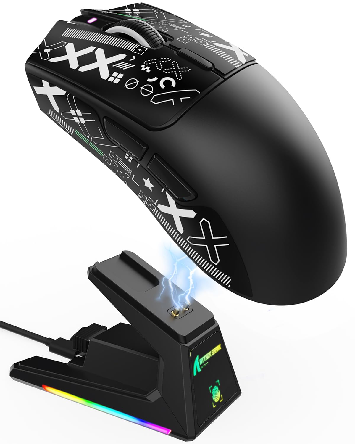 ATTACK SHARK X1 Souris Gaming avec Station de Charge Magnétique, Capteur PixArt PAW3395PRO, 40000DPI, Ultra-légère 49g, Bluetooth/2,4GHz sans Fil/Filaire, Microswitches 100M pour PC/Xbox/Mac - Noir