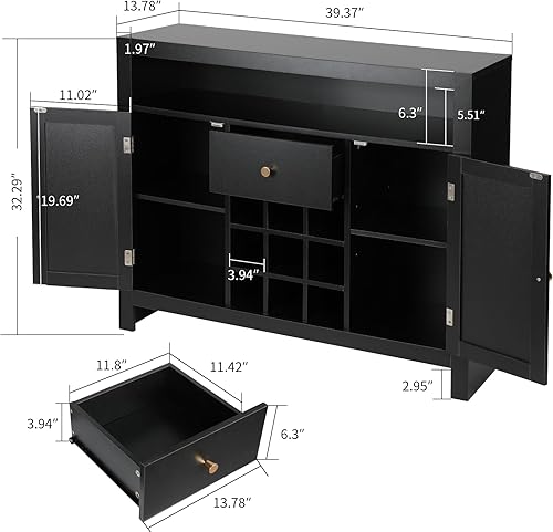 Miniatura 2 de VOWNER Aparador de buffet con 1 cajón y 2 puertas, armario de almacenamiento de cocina con compartimento abierto y estante para vinos, gabinete de