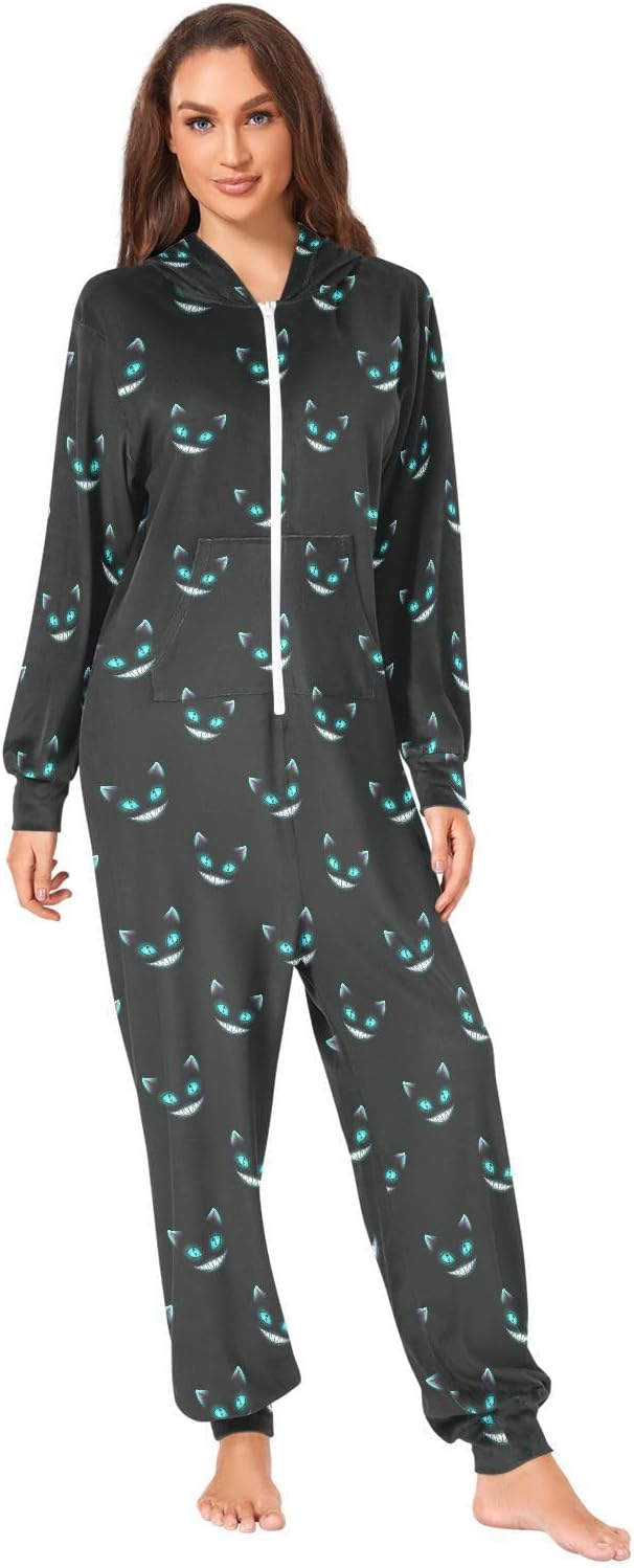 Women's Men's One Piece Pajamas Cheshire Cat Texture Hooded Adult Sleepwear Romper Homewear