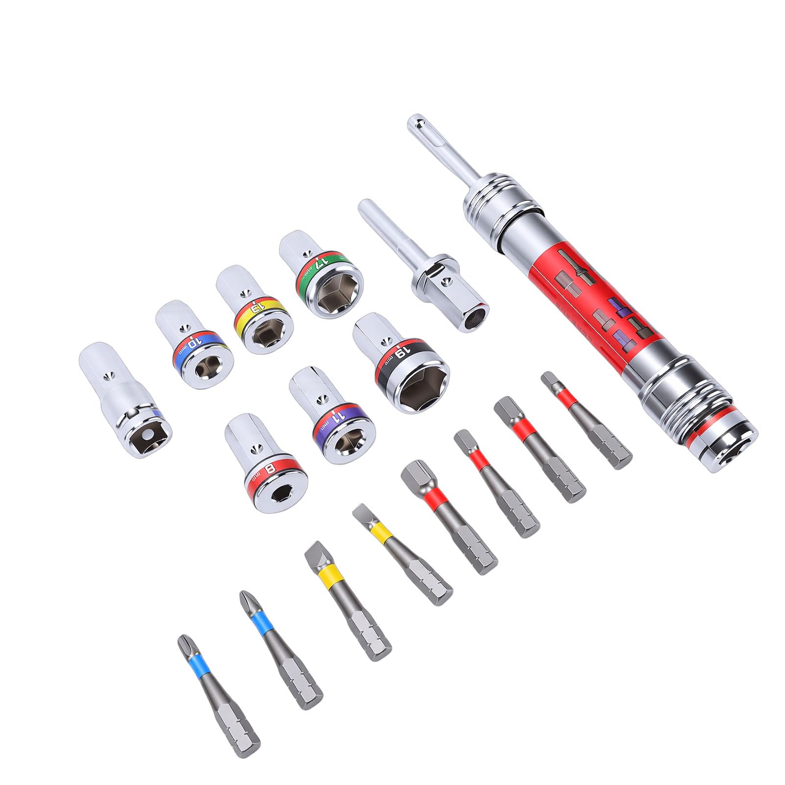 Generic Zestaw Przedłużaczy do Końcówek Nasadowych Solidny Wkrętak Nasadowy ze Stali Stopowej do Montażu w Szafce, Wymienny System wierteł, 7 Nasadek 8 Mm–19 Mm, Odpowiedni dla Wykwalifikowanych