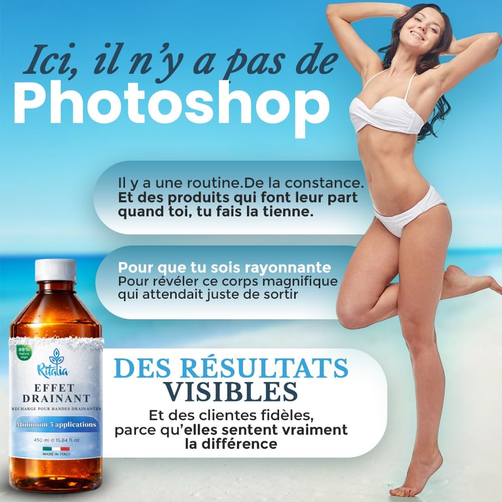 Ritalia® Liquide pour Bandages Drainants à base de Sel de la Mer Morte et Actifs 100% Végans – Anti-cellulite pour Jambes et Fessiers