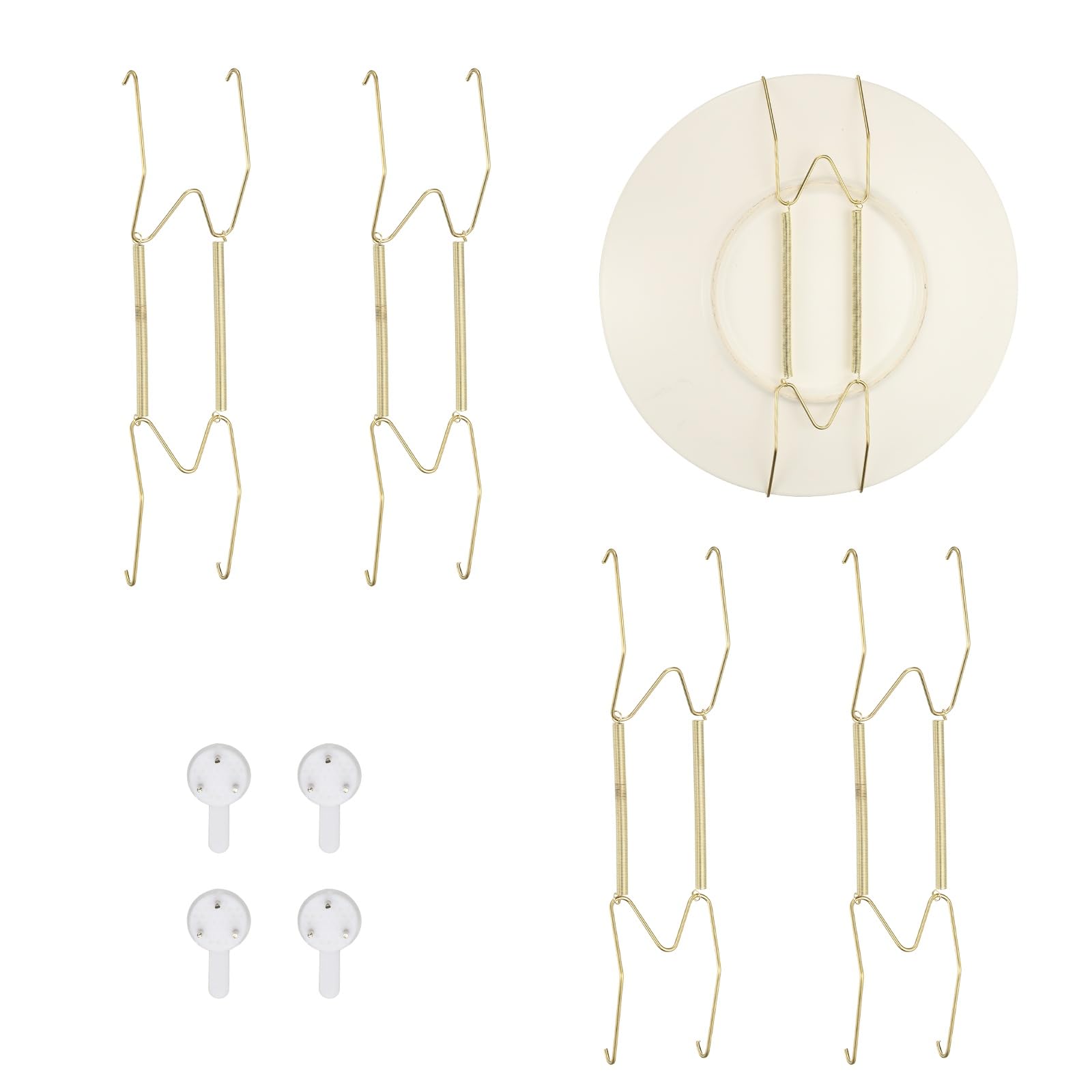 sourcing map 4pcs Plate Hanger, 10 Inches Universal Stainless Steel Invisible Plate Hangers for the Wall W-Shaped Holder with Traceless Nail for Decorations, Golden