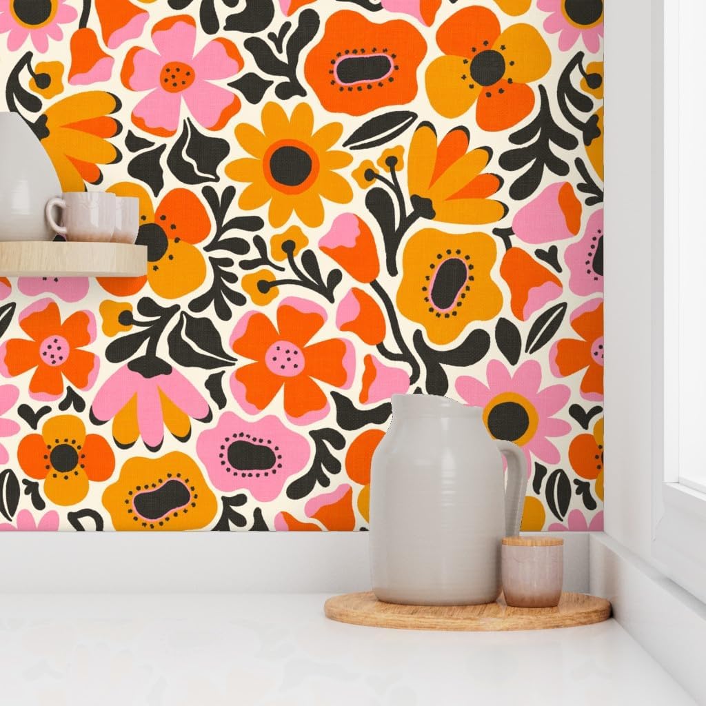 Spoonflower Peel & Stick Wallpaper 3ft x 2ft - Retro Abstract Poppies Seventies Floral Botanical Flowers Dopamine Dressing MCM Mid Mod Midcentury Custom Removable Wallpaper