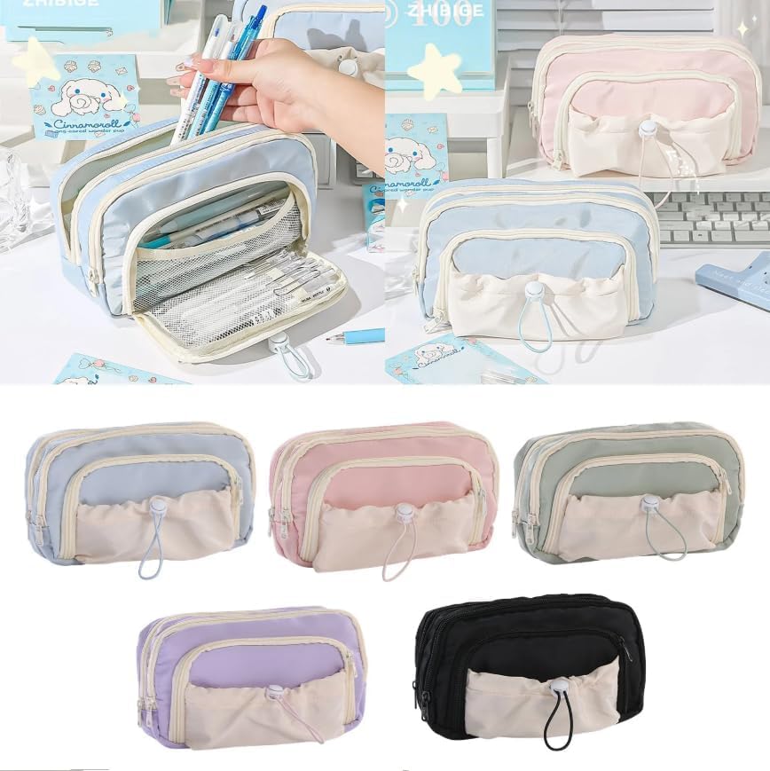 Image of Canvas School Bag Pencil Case, 3 Layer 6 Compartment Large Capacity, Aesthetic Pencil Pouch for Stationary, Cute Stationery for Kids, Pencil Case for Girls & Boys (Dori-Pink)