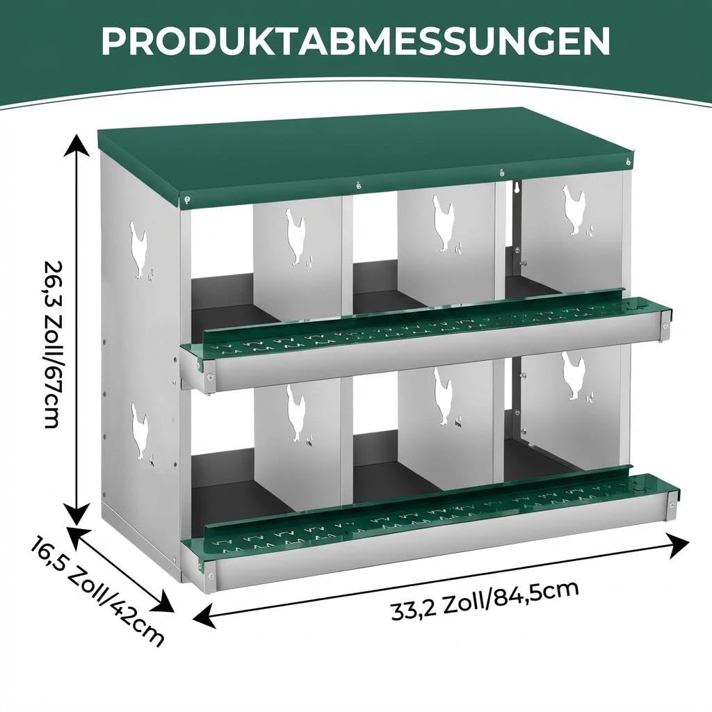 Hühner Legenest 6 Fächer Metall, Abrollnest mit Eierablage, Grün, Stabil | Leicht zu reinigen, Wandhalterung, Montageleicht, Hühnerstall, Geflügel, Hygiene, Robust, Zeitsparend, Nestbox