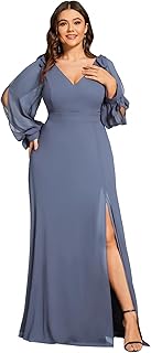 Women's V Neck Elegant Chiffon Long Sleeve Slit A Line Plus Size Formal Mother of Bride Dresses for Wedding