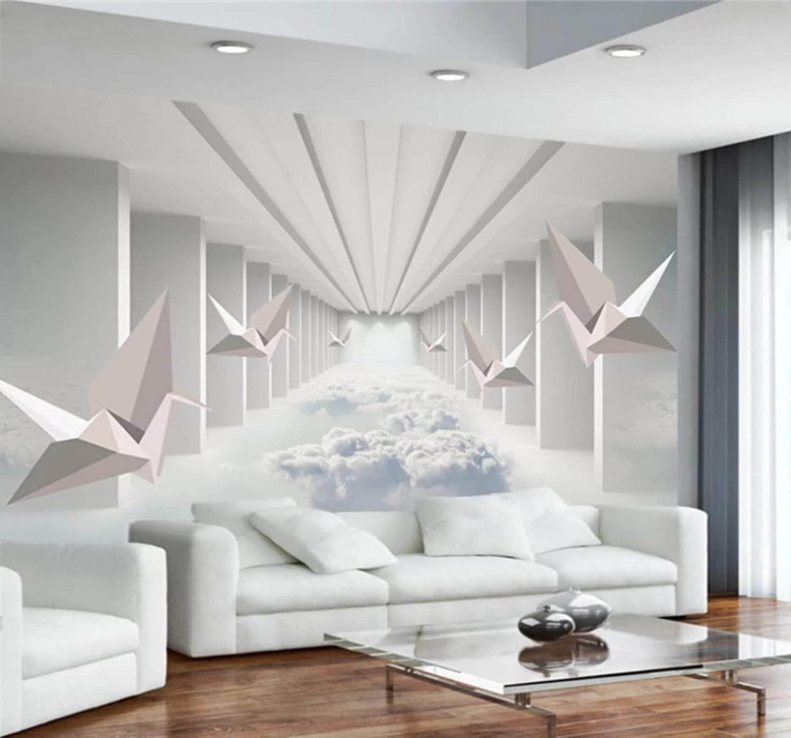 Three Dimensional Spatial Extension Paper Cranes Clouds Architecture 3D Wallpaper Easy Install Feature Office Living Room Sofa Bedroom TV Background Wall Decoration-430cm×300cm
