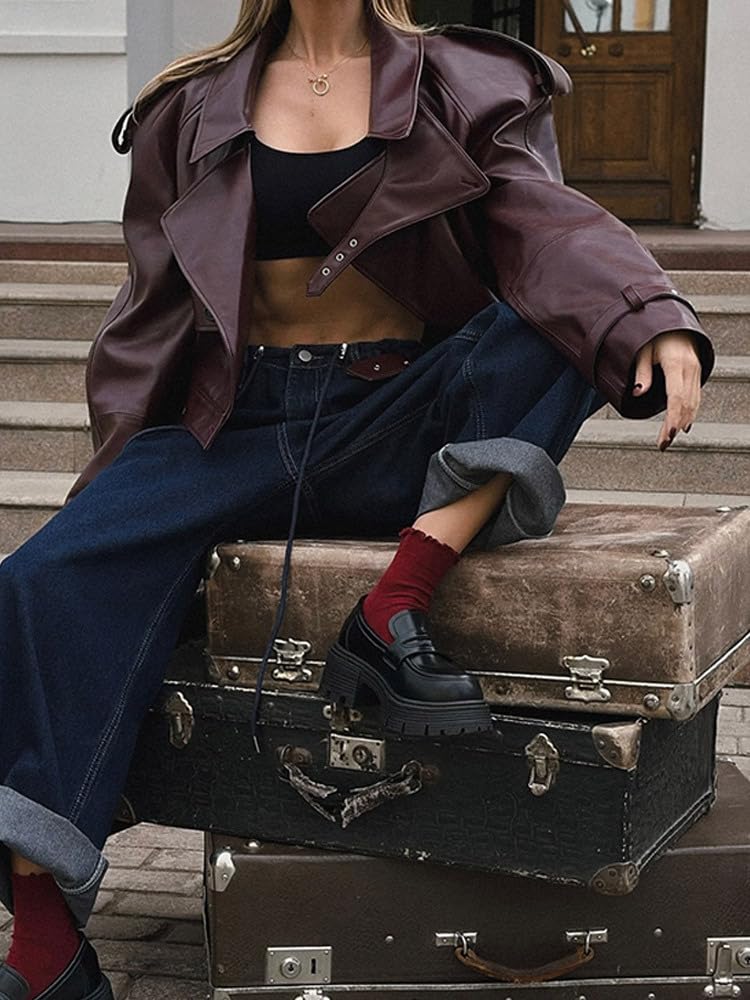 Generico Giacca Da Donna in PU Con Revers Retrò Stile Motociclista Tendenza Moda Giacca Da Ufficio Elegante Casual E Comoda A Maniche Lunghe Per Primavera E Autunno