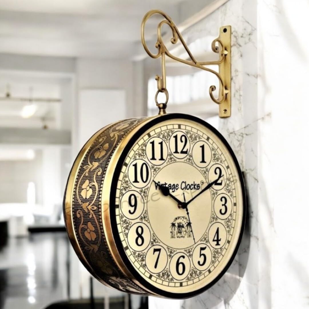Vintage Clock Brass Finish Metal Handcrafted One Side English Other Side Roman Number Railway Station Double Side Analog Clock, 12 Inches