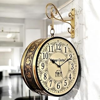 Brass Finish Metal Handcrafted One Side English Other Side Roman Number Railway Station Double Side Analog Clock, 12 Inches