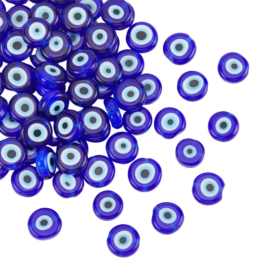 PONABEADIY 1 Box 76pcs 10MM Evil Eye Lampwork Flat Round Spacer Beads with Holes Blue Handmade Turkish Glass Lucky Charms Loose Bead Bulk for Jewellery Making Bracelets Necklace Diy Crafts Supply