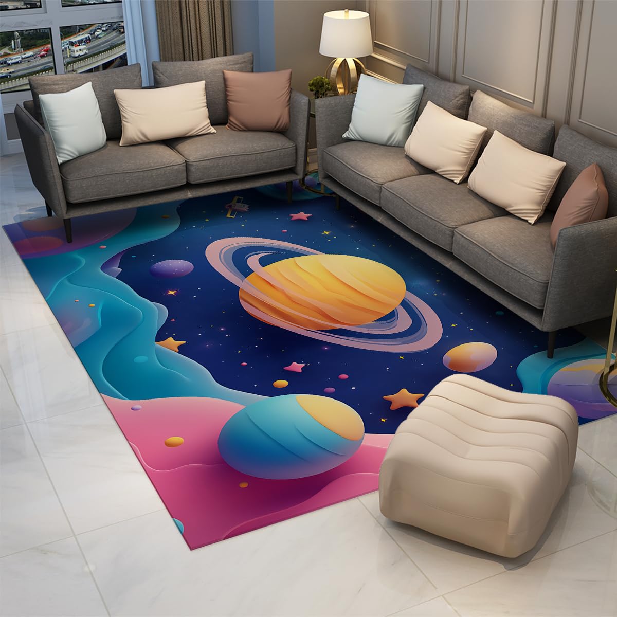 Weltraumteppiche 150x210cm Universum Sonnensystem Planet Thema Teppiche Blauer Sternenhimmel Cartoon Kinderzimmerbereich Teppich für Schlafzimmer Klassenzimmer Bodenmattendekor
