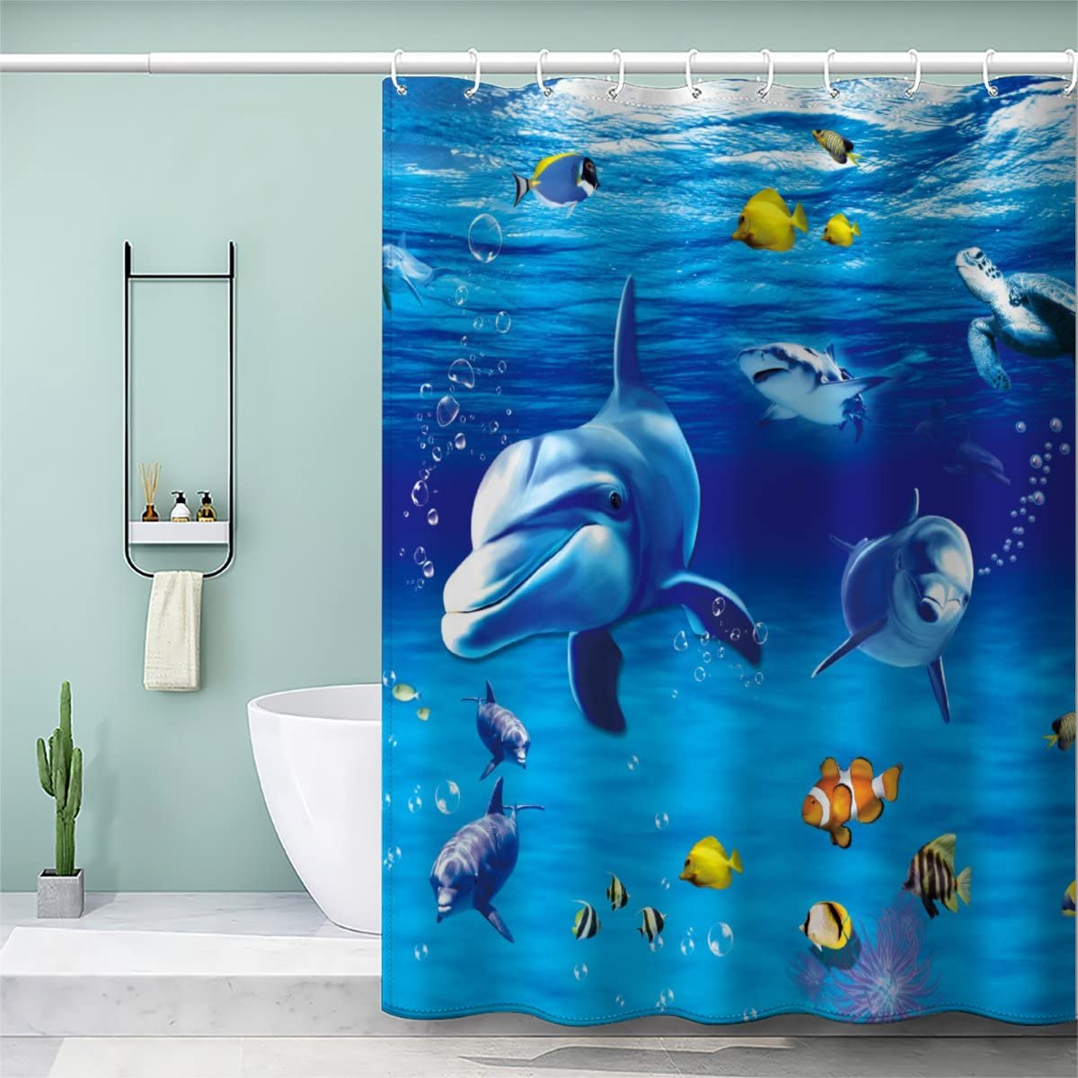 AOLIGL Shower Curtain 180x180cm Waterproof Shower Curtain Dolphin Bath Curtains for Shower Wet Room Unique Printed Underwater Landscape Shower Curtain Rust Proof Eyelets