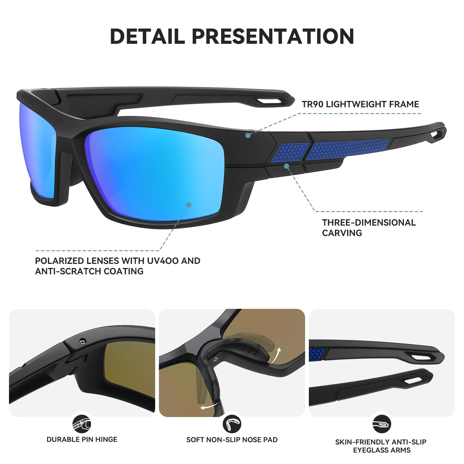 Occhiali da sole sportivi polarizzati per uomo e donna, montatura TR90, lenti TAC UV400 da 1,1 mm per guida, ciclismo, pesca