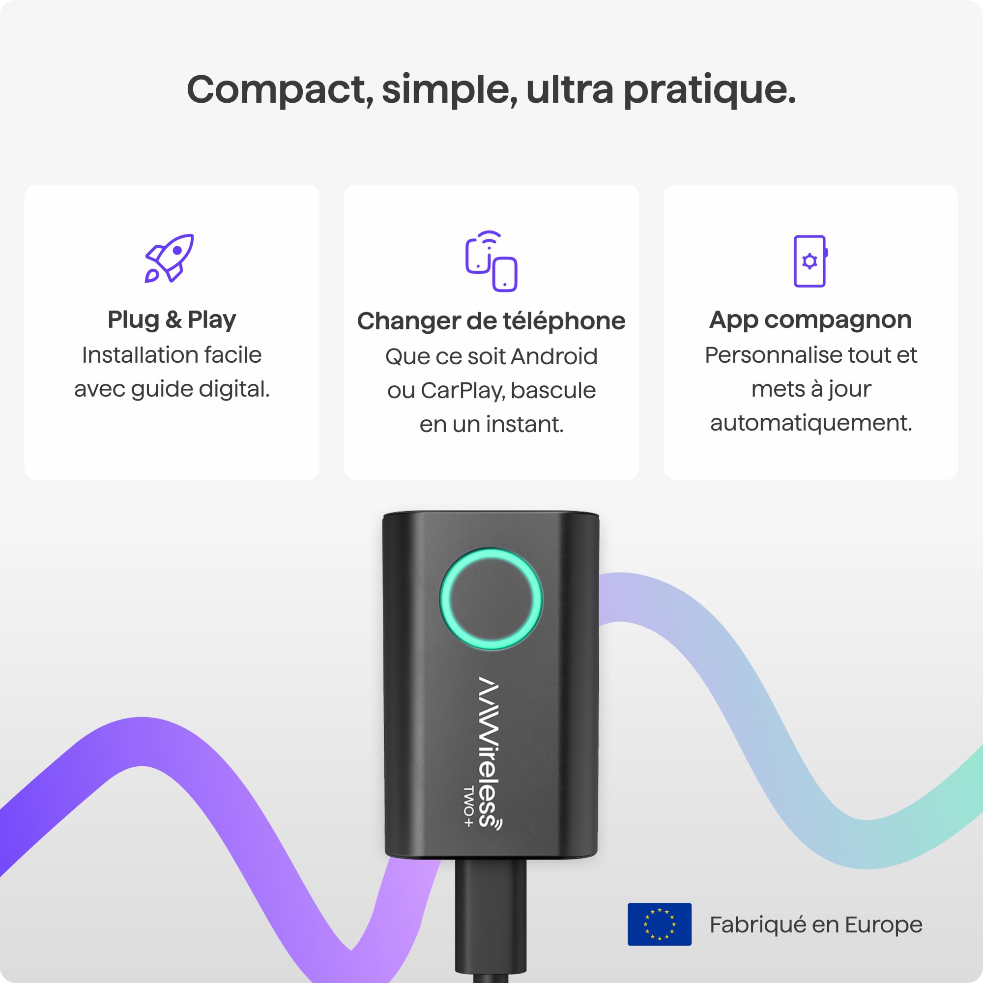AAWireless Two+ Android Auto et Apple Carplay 2 en 1 - Connexion sans fil via Bluetooth et WiFi - Convient pour iOS 10+ et Android 11+ - Bouton multifonction - Fabriqué en Europe