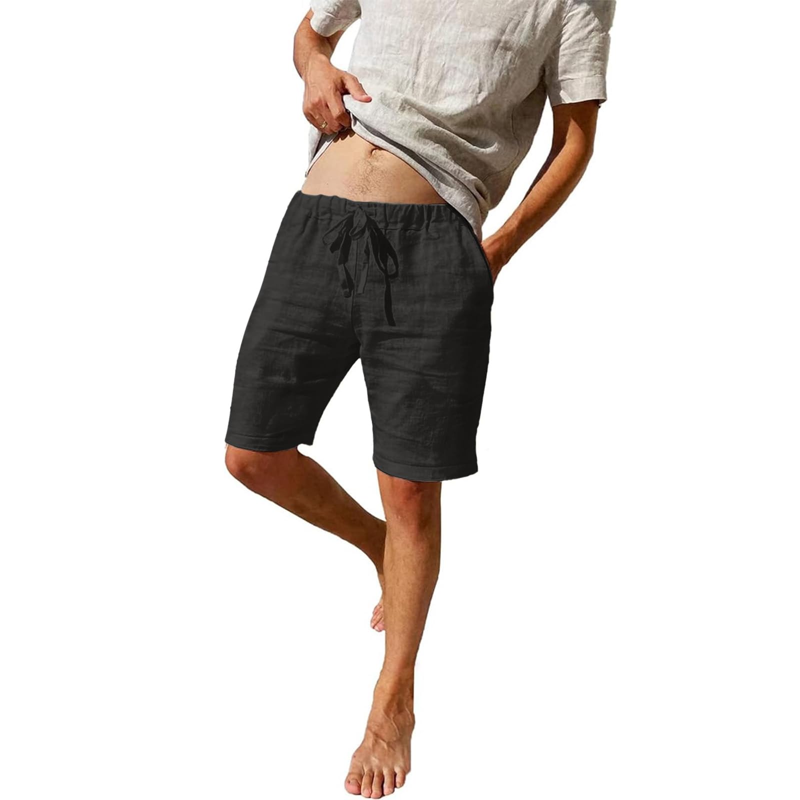 Puimentiua Leinenhose Herren Kurz,Sommer Leinen Shorts,Kurze Hosen,Loose Fit Baumwollehose mit Tunnelzug und Taschen (S-3XL)