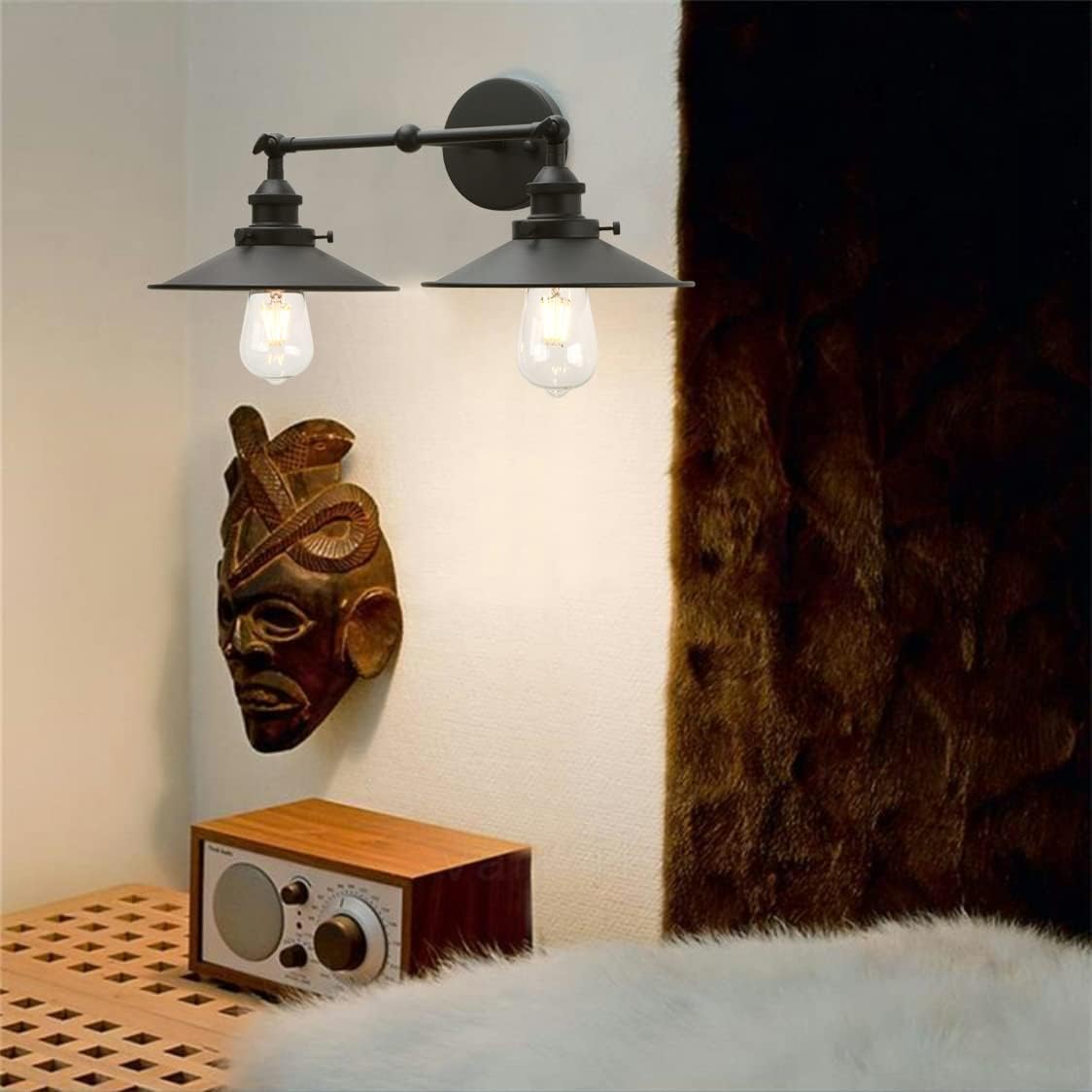 Phansthy Vintage Industrial Farmhouse Wall Sconces, Matte Black 2-Light Kitchen Wall Lighting, Bathroom Vanity Light Fixtures with 8.5 Inches Cone Metal Lampshade (2 Light Black)