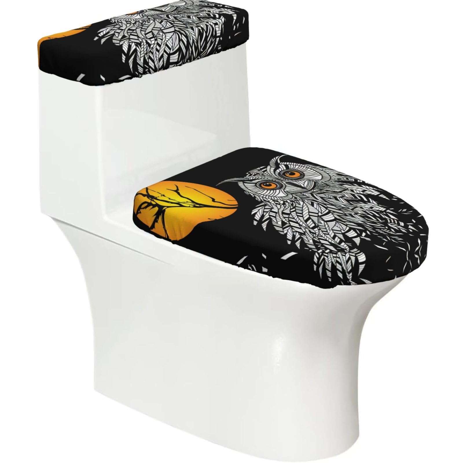 Wzycwb Black Owl 2-Piece Toilet Seat Cover Set With Tank Lid, Elastic Fit For U-Shape & Elongated Toilets, Bathroom Decor, Housewarming Gift