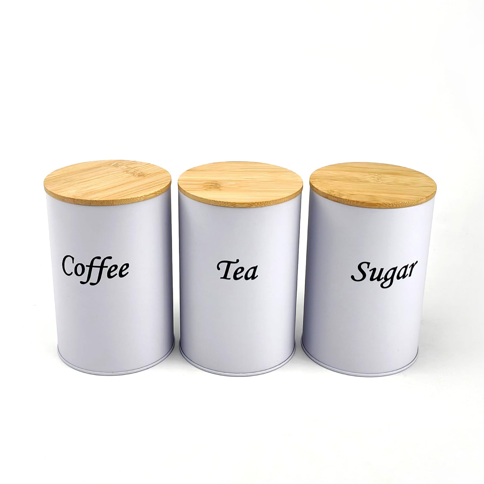 Nrgqaxm White 3Pcs Tea Coffee Sugar Canisters, Round Metal Canister Storage Jar Container Set With Airtight Bamboos Lid Sugar Container For Kitchen Counter Office