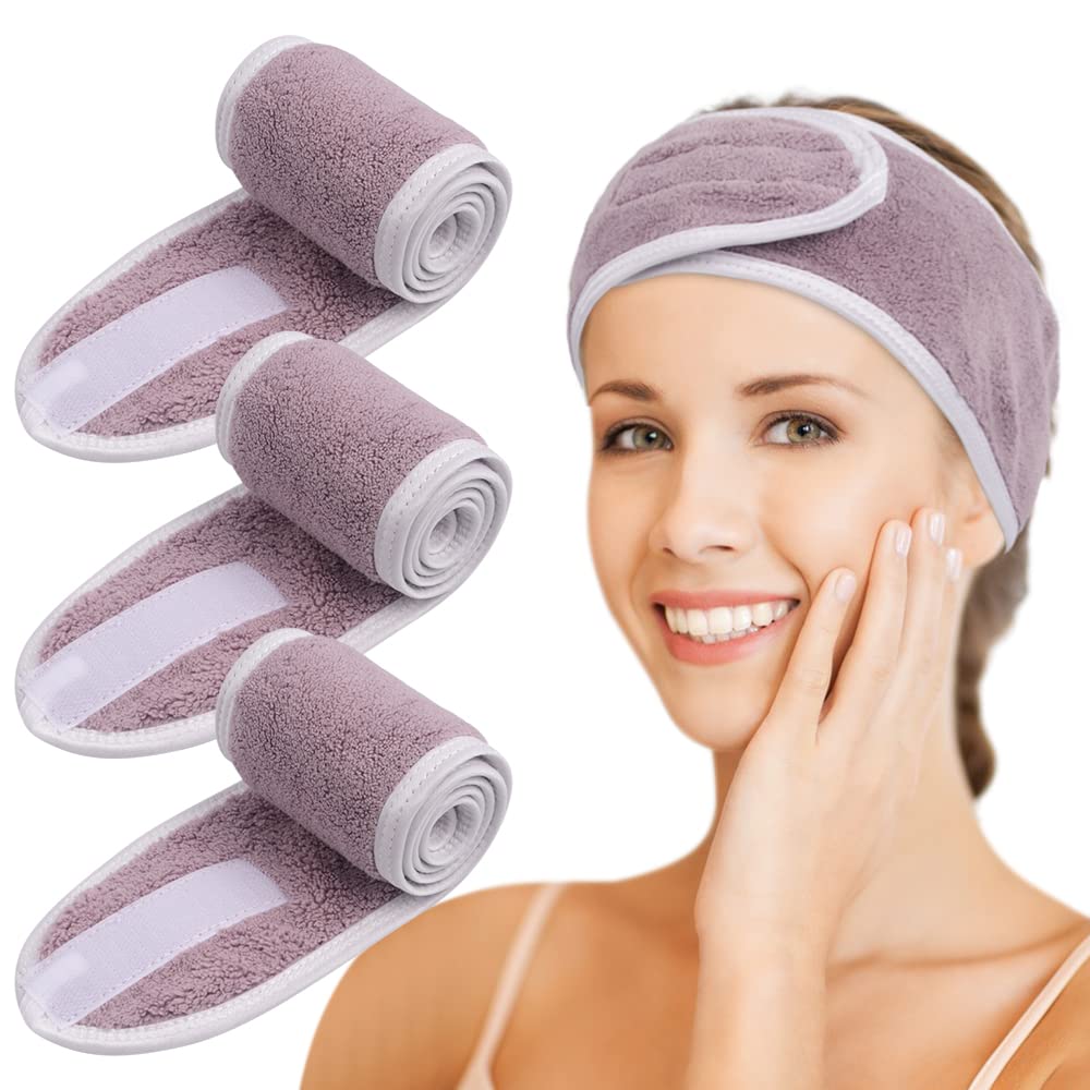 KinHwa Kosmetik Stirnband Frottee,Kosmetik Mikrofaser Haarband, Haarschutzband mit Klettverschluss für kosmetische Behandlungen, Haarschutz bei Schminken, Sport, Yoga, waschbar (3 pack, purple)