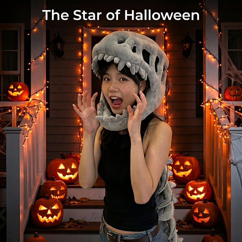 Funny Dinosaur Fossil Plush Hat Adult Skeleton Dinosaur Costume for Halloween Cosplay Party Novelty Prehistoric Dragon Bone Headpiece for Men Women