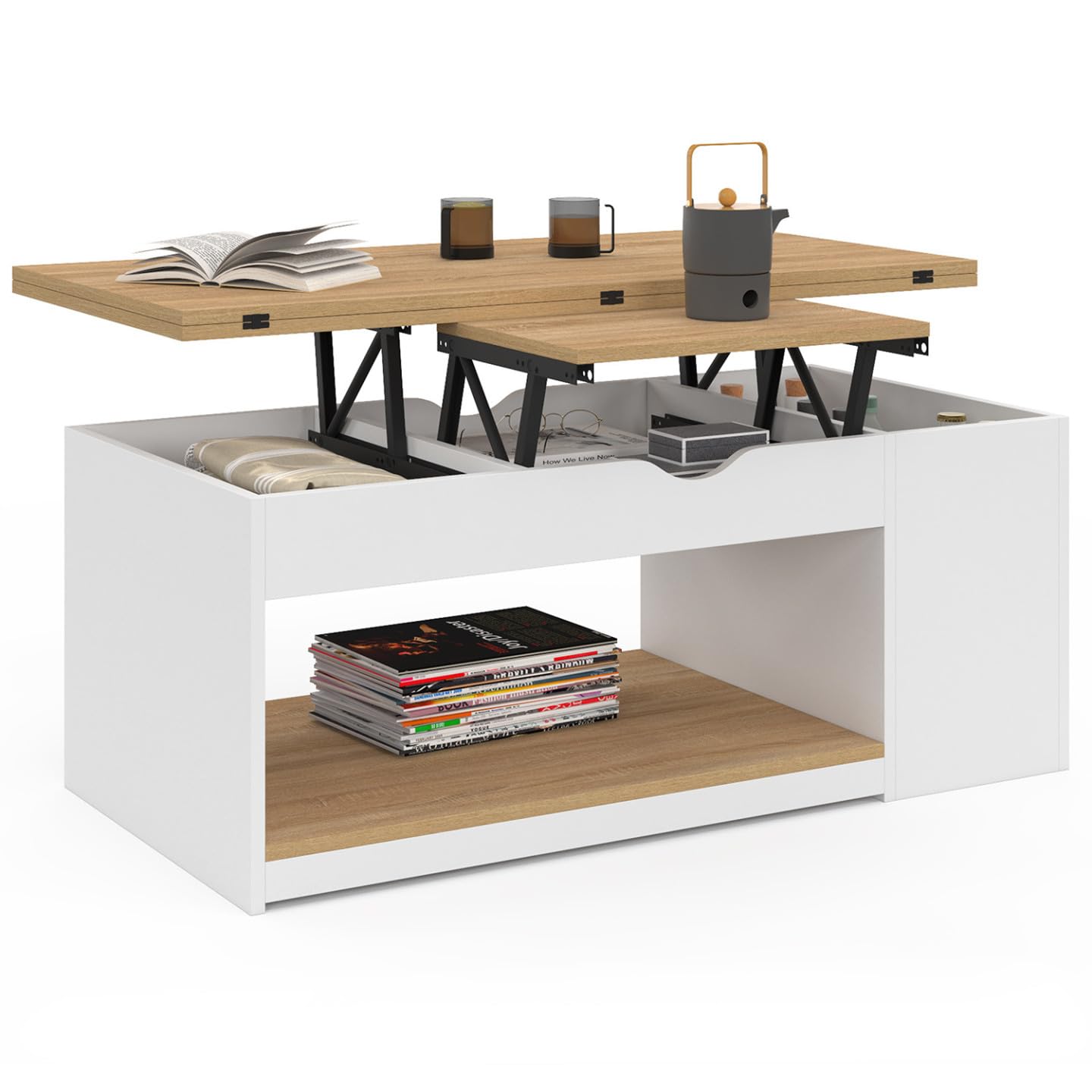 IDMarket – Mesa de centro elevable rectangular Convertible en mesa de comedor ELEA 100 cm, madera blanca y haya