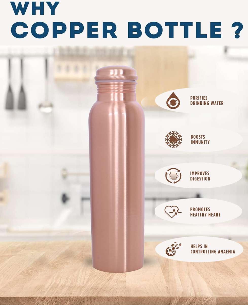 Wasserflasche Aus Reinem Kupfer, 900 Ml – Handgefertigt, Ayurvedisch, Gehämmerte Oberfläche, Mit Jute-Tasche
