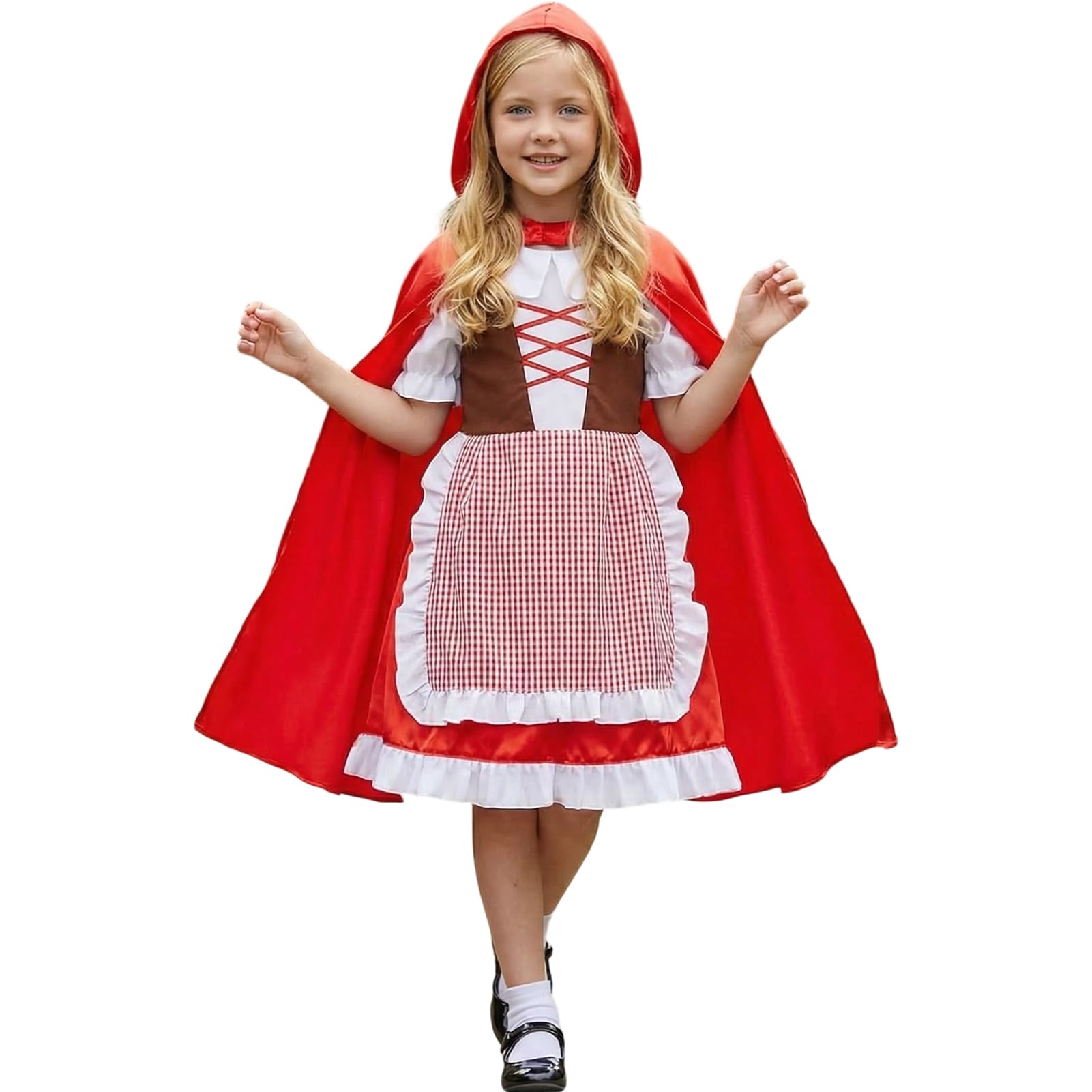 Meriviva Girls World Book Day Costume, Red Hooded Cape with Dress Apron, Fairytale Character World Book Day Costumes for Girls Dress Up (120)