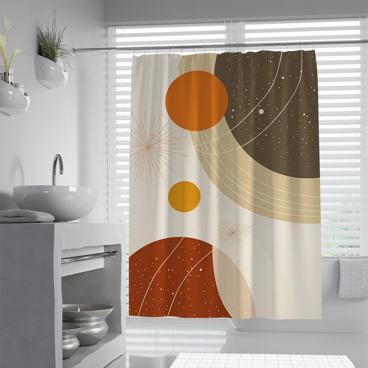 UIRINGART Celestial Bathroom Curtains W180xL200cm Abstract Geometric Moon Star Planet and Sunburst Orbit Line Pattern Washable Polyester Fabric Shower Curtain