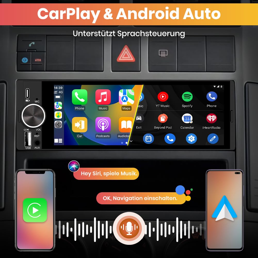 1 DIN Universales Autoradio, Carplay, Android Auto, Online-Navigation | 6,36 Zoll Touchscreen, RDS, Typ-C-Anschluss, USB-Anschluss, Bluetooth, Rückfahrkamera