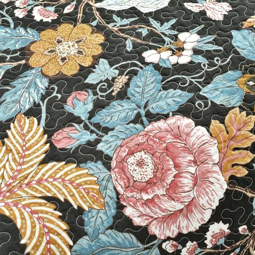 Image of Lush Decor Sydney Reversible Cotton Quilt Set, 3 Piece Set, Full / Queen, Black & Blue - Cotton Bedding Set - Black Floral Quilt - Cottage Decor - Bedding Queen Size