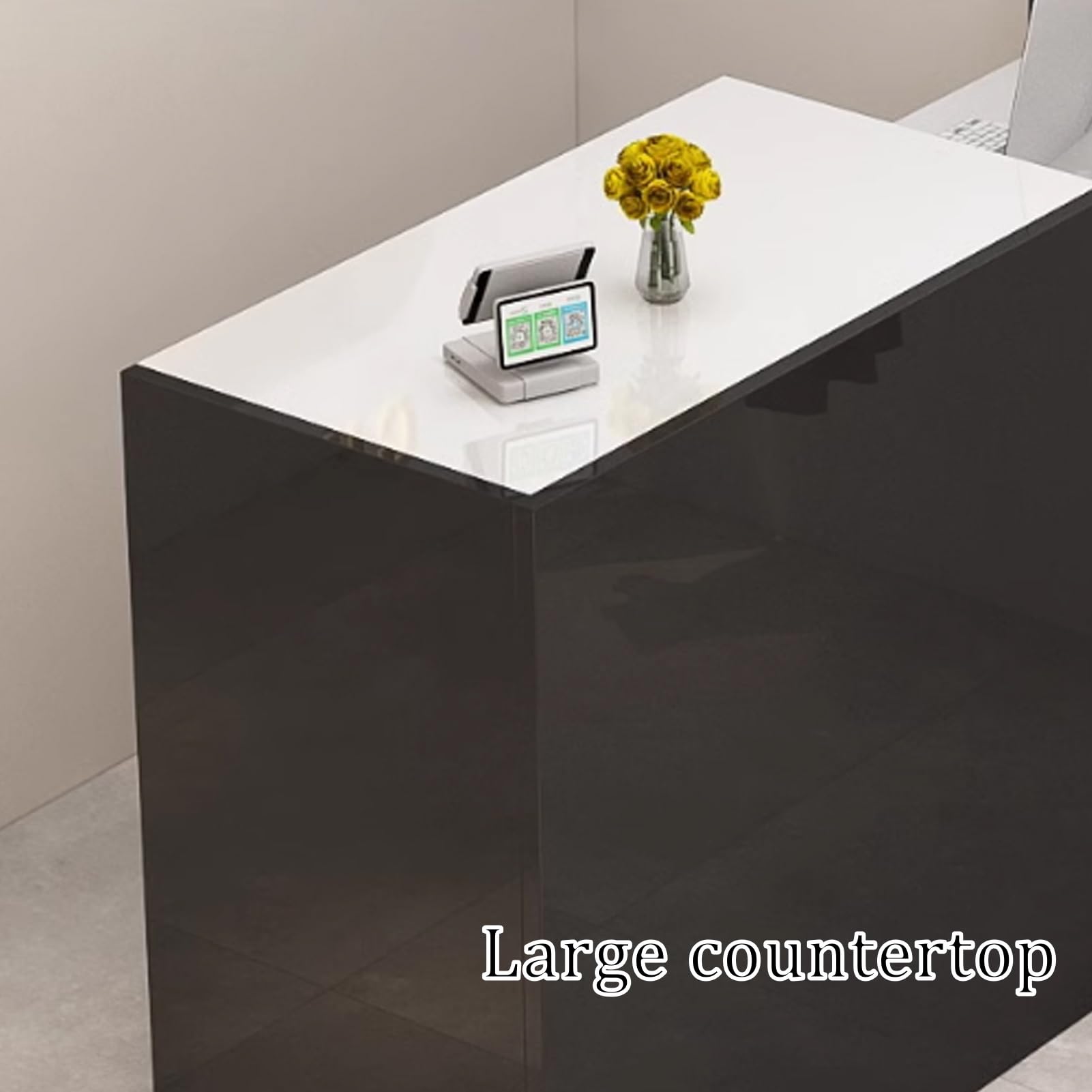 Recept Desk con vassoio per tastiera, bancone di benvenuto in legno con boohelf aperto, tavolo da ufficio nero, 90 x 50 x 100 cm, design moderno per aziende