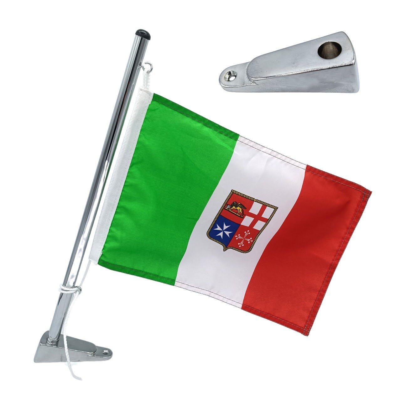Mástil portabandista porta bandera de acero inoxidable 35 o 50 cm con soporte o para púlpito para embarcaciones barco yate bandera italiana incluida