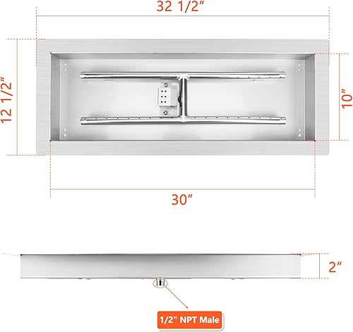Miniatura 2 de QuliMetal Sartén para hoguera de 30 x 10 pulgadas, rectangular de acero inoxidable 304 de gas natural y propano con kit de encendido por chispa para