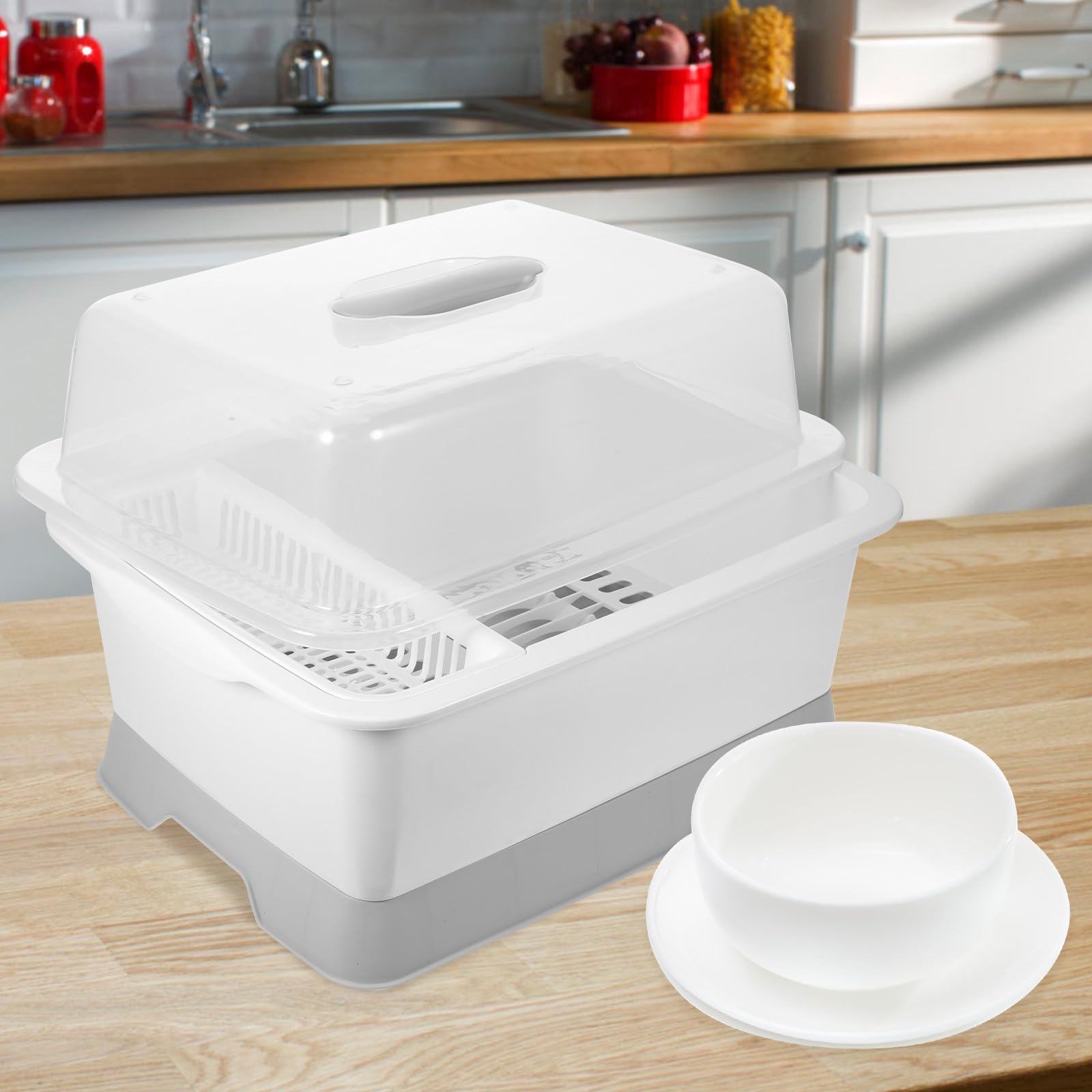 Escurridor de platos de plástico mediano con tapa, soporte para cubiertos para utensilios de cocina, ideal para fregadero y encimera, accesorio de cocina que ahorra espacio
