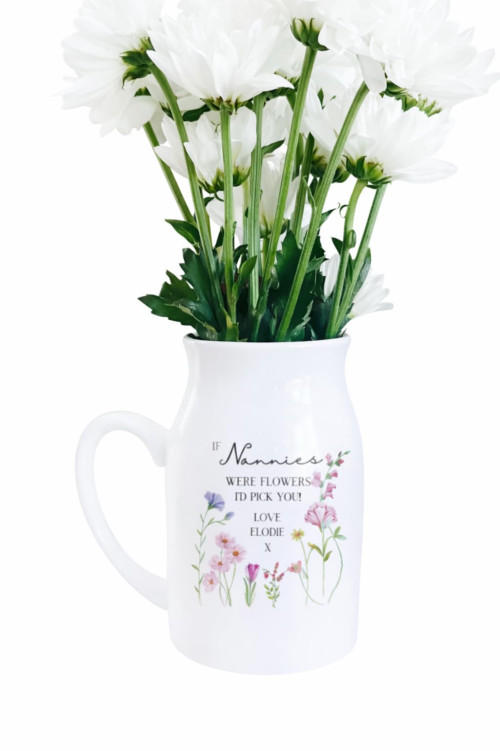 Uniquepgifts White Personalised Mothers Day Flower Jug, If Nannies Were Flowers, Floral Nanny Gifts, Keepsake For Mum, Nan, Grandma, Nana, Auntie - 12.5Cm High