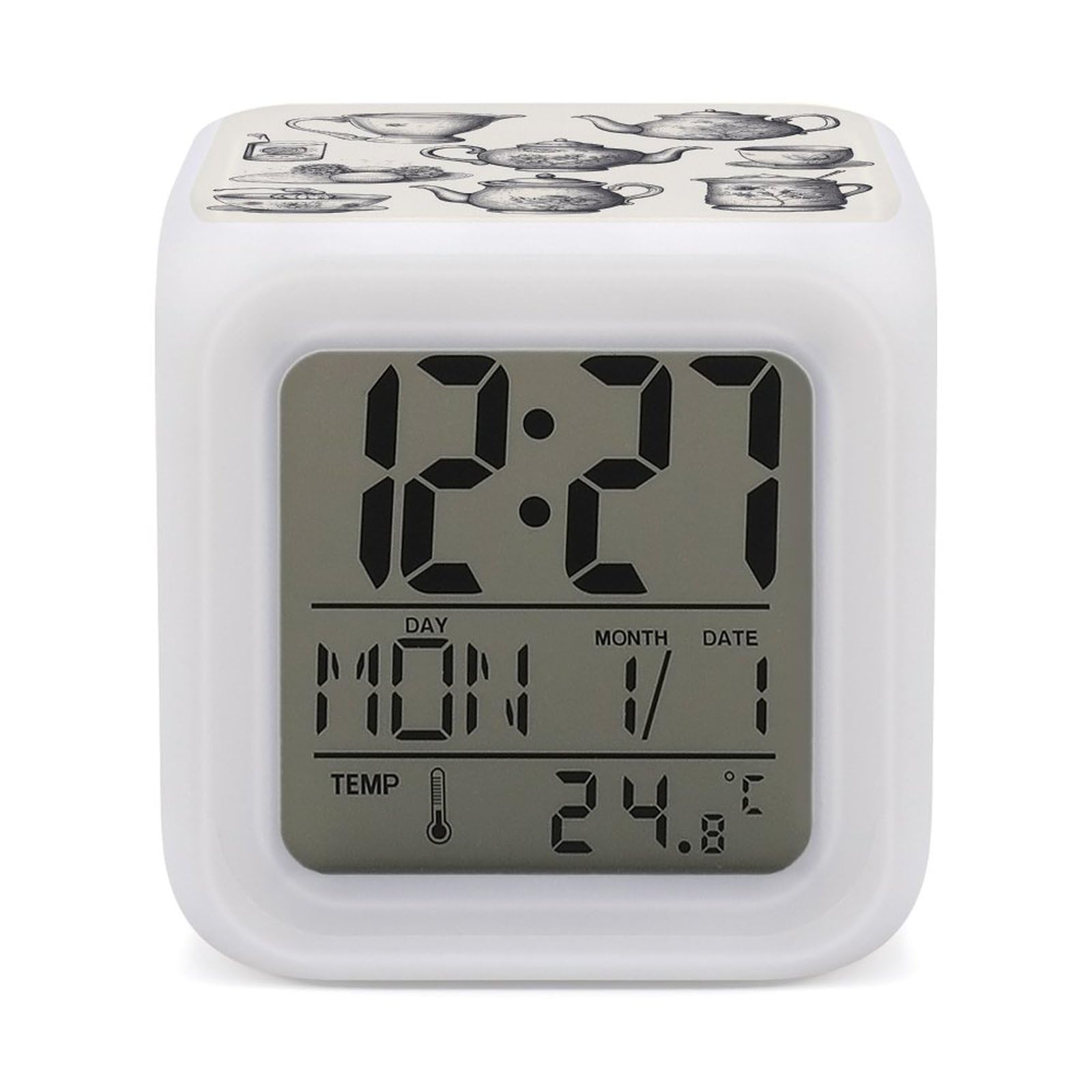 VstaDank Hand Drawn Teapots and Cups Digital Alarm Clock LED Display Screen Color Change Alarms Clock Smart Alarm Clock Wake Up Digital Clocks with 7 Color Nightlight for Bedroom