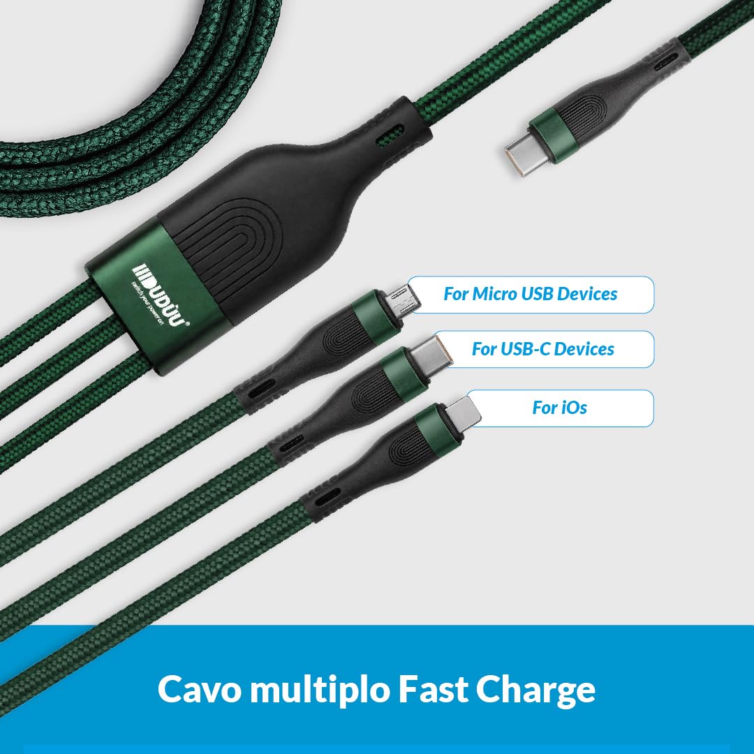 Cavo di Ricarica 3 in 1 in Nylon 100W, Cavo USB-C con Tre Connettori per Dispositivi Compatibili iOS e Android, Ricarica Rapida (Nero/Verde)