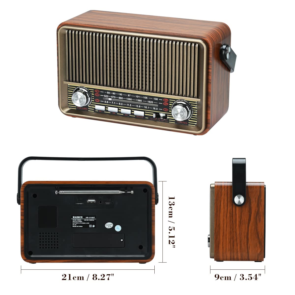 Bluetooth FM AM SW Stereo Radio, Unterstützung USB-Festplatte, USB/TF-Karte, AUX-Steckdose - Musik mit wiederaufladbarem Akku, eingebauter Lautsprecher