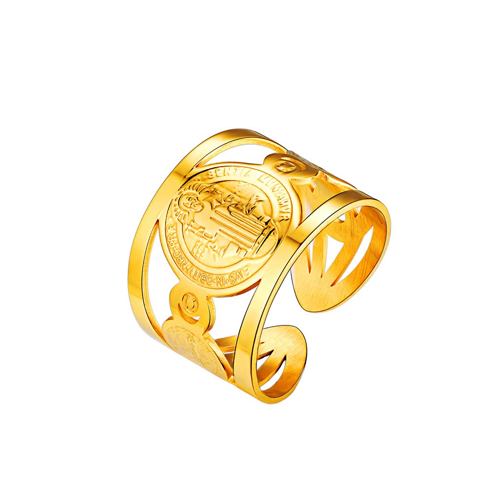 FaithHeart Anillo Hombre Santa María/San Benito/San Cristóbal/San Miguel Arcángel Anillo Ancho Abierto Cristiano Acero Inoxidable 316L Joyería Religiosa