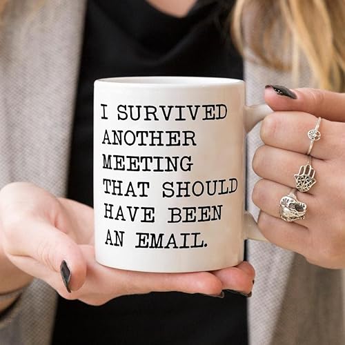 Miniatura 6 de Divertido paquete de 2 tazas de café de cerámica con texto en inglés «I survived other meeting that should have been an email email El mejor regalo