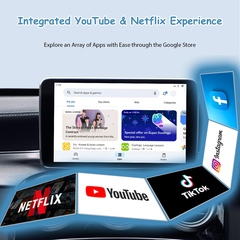 Sunweyer Adattatore Wireless CarPlay Android Auto 2+32GB con Play Store & Netflix/YouTube - Supporto TF/USB, Installazione App (Solo per auto con CarPlay Cablato o Android Auto Cablato) (SW05)