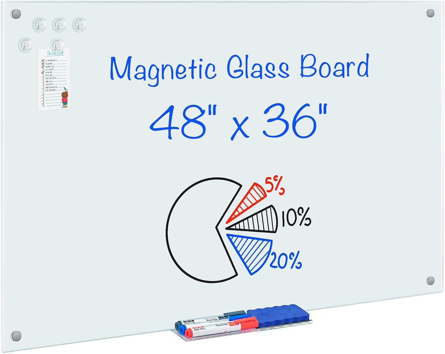 maxtek Magnetic Glass Dry Erase White Board, 48" x 36" Frameless Glass Board for Wall Mounted, Includes 5 Magnets, 3 Markers and 1 Eraser for Classroom Home, Office Supplies (White) 48"W x 36"H