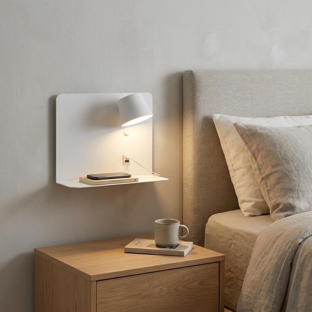 Alpinaluz Applique LED da Parete 6W Orientabile con USB e USB-C, CCT 3000K/4000K/6000K, Mensola Integrata in Acciaio e Faretto in Alluminio, Lampada da Lettura IP20 (Bianco – Destra)